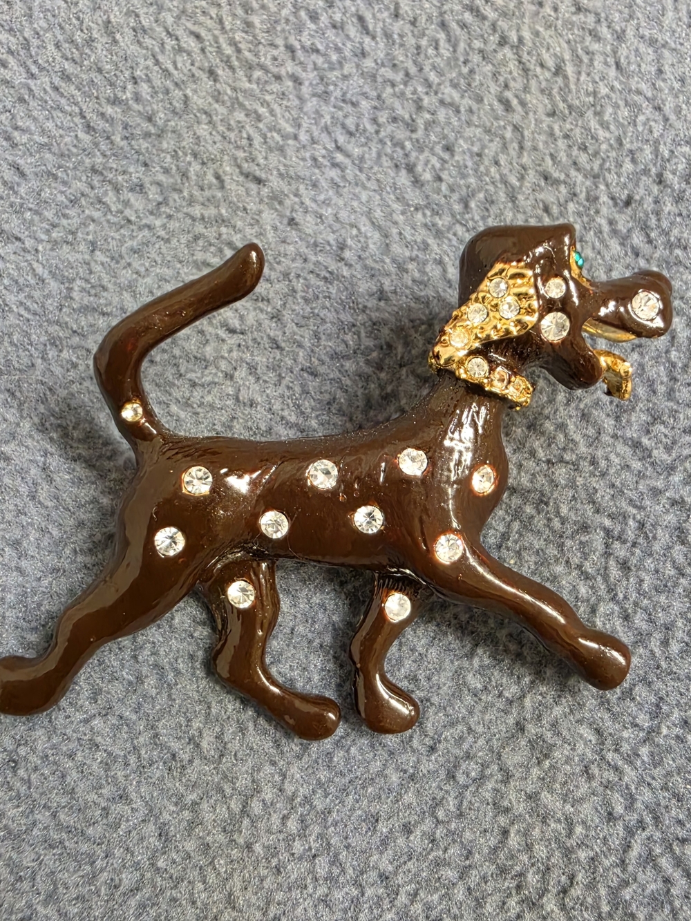 Brown Enamel Rhinestone Dog Brooch Green Eye Gold Tone Figural Pin New